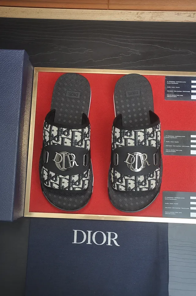 Dior Slide Black White Monogrammed Fabric Strap Metallic 'D' Buckle Slippers 5
