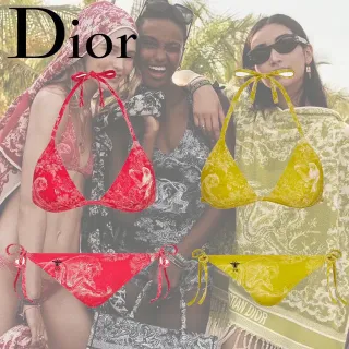 Dior Toile de Jouy Red Yellow Halter Triangle Top Side-Tie Thong Bottom Swimwear