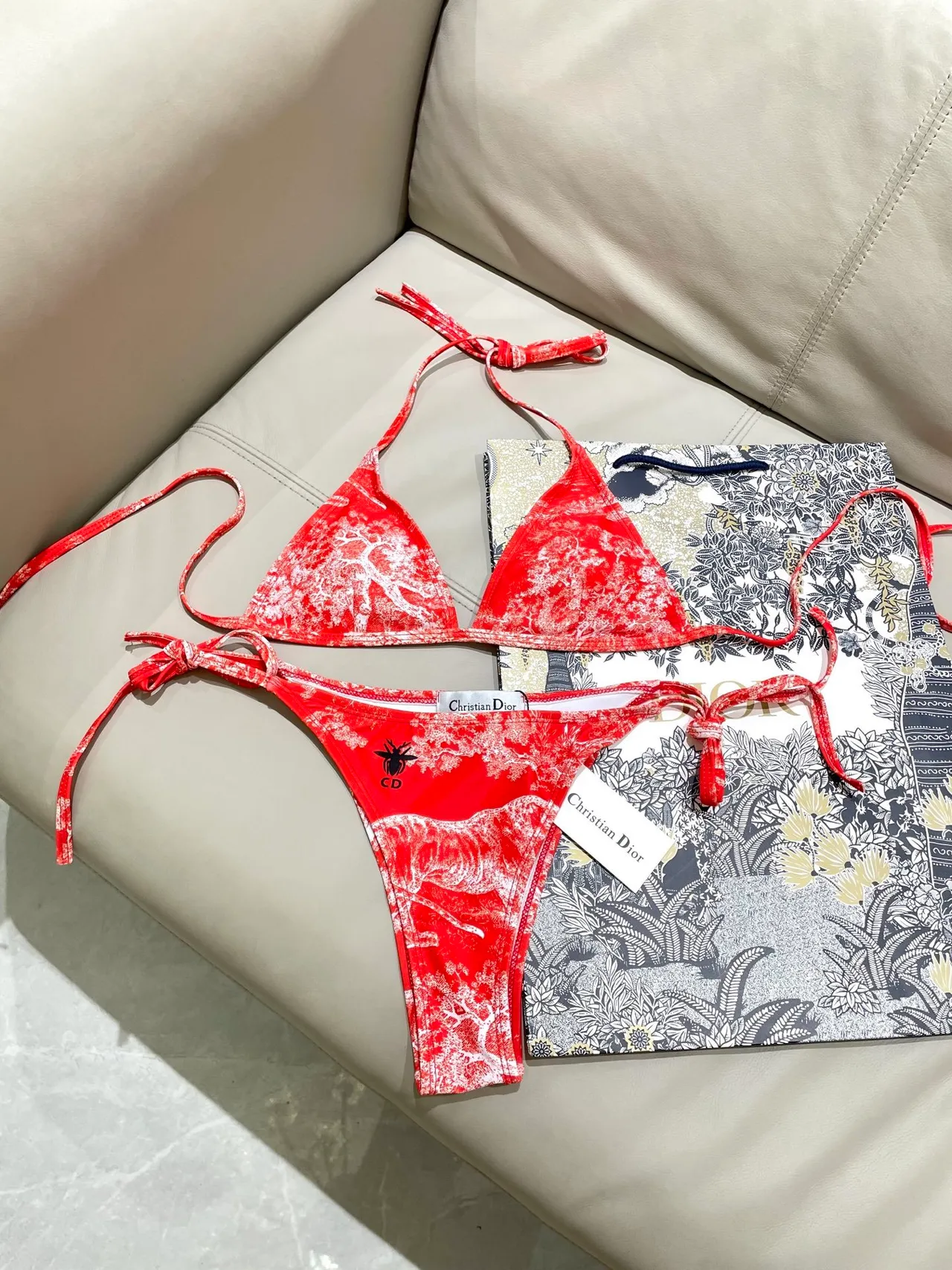 Dior Toile de Jouy Red Yellow Halter Triangle Top Side-Tie Thong Bottom Swimwear 3