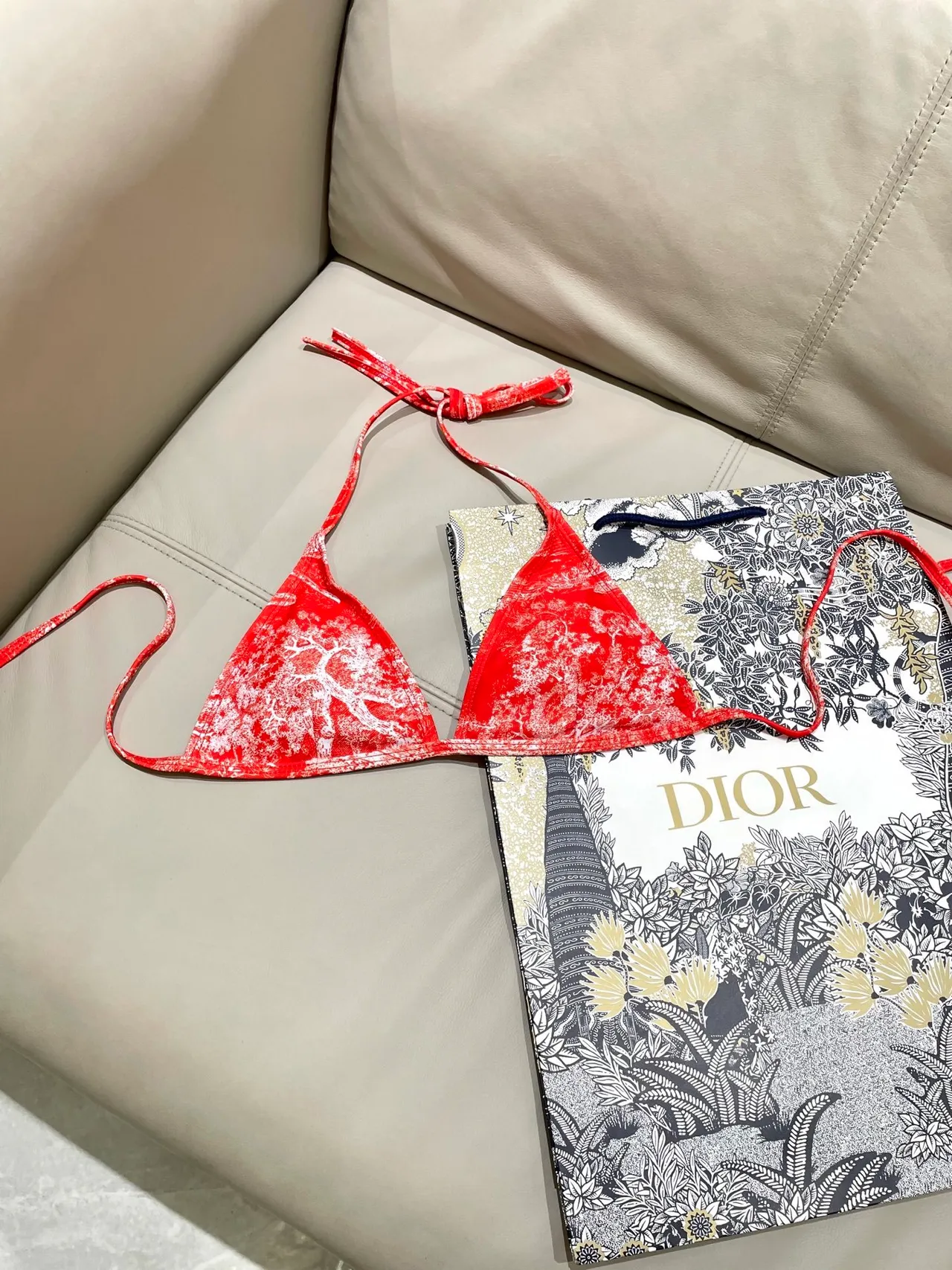 Dior Toile de Jouy Red Yellow Halter Triangle Top Side-Tie Thong Bottom Swimwear 4