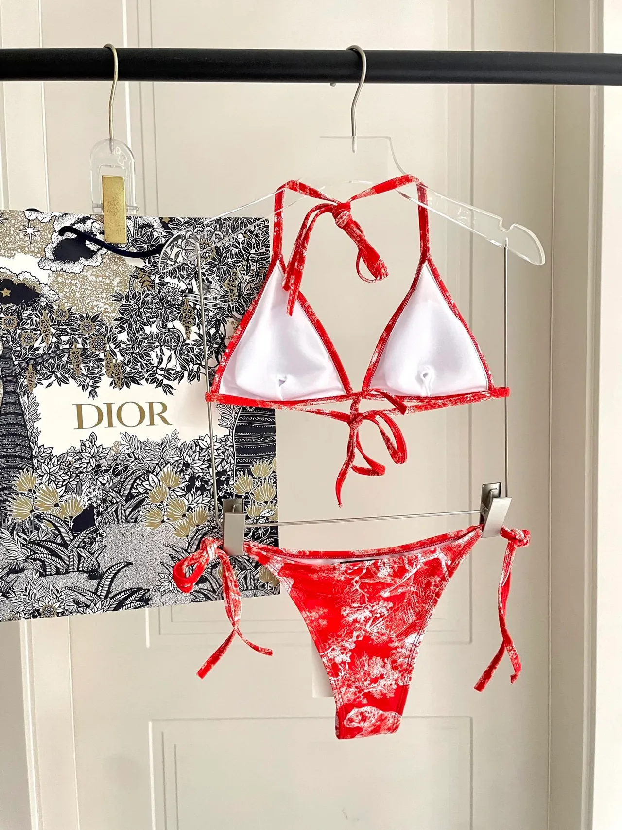 Dior Toile de Jouy Red Yellow Halter Triangle Top Side-Tie Thong Bottom Swimwear 6