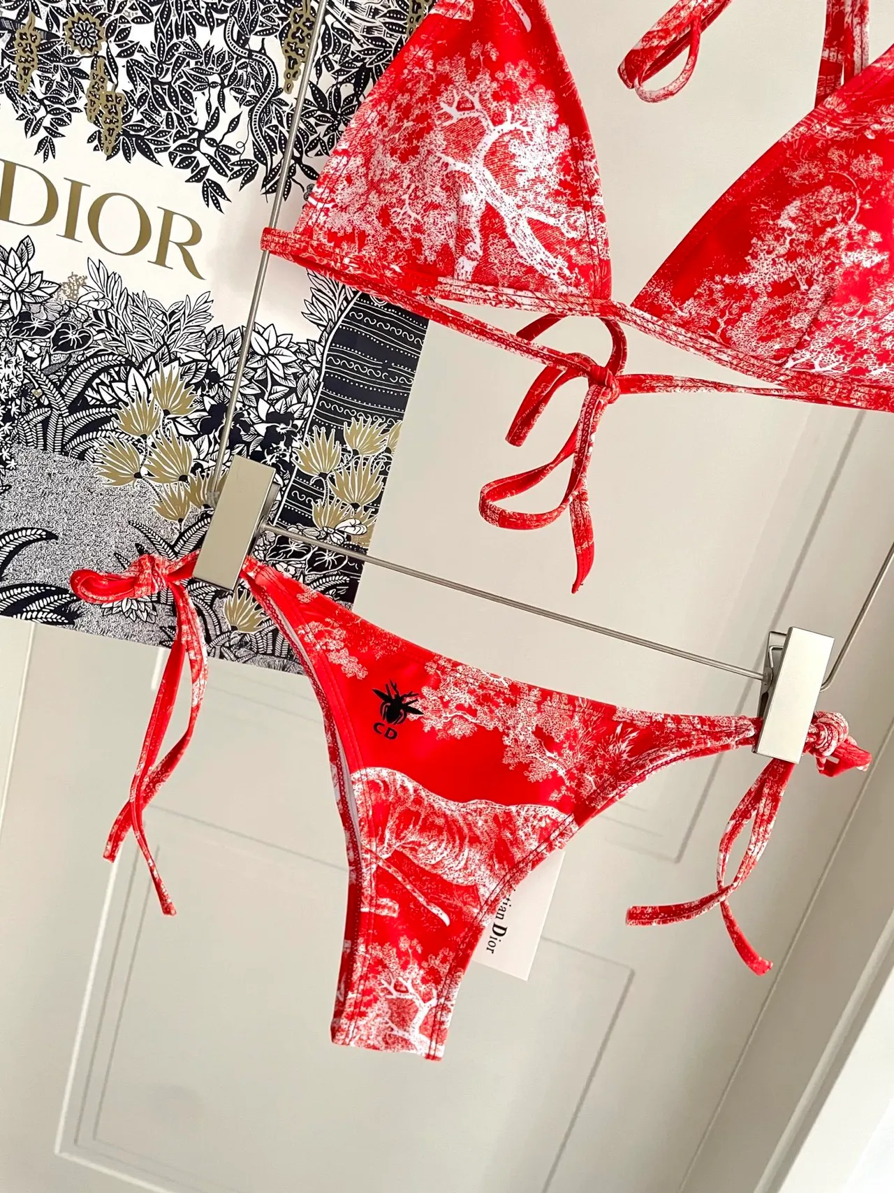Dior Toile de Jouy Red Yellow Halter Triangle Top Side-Tie Thong Bottom Swimwear 7