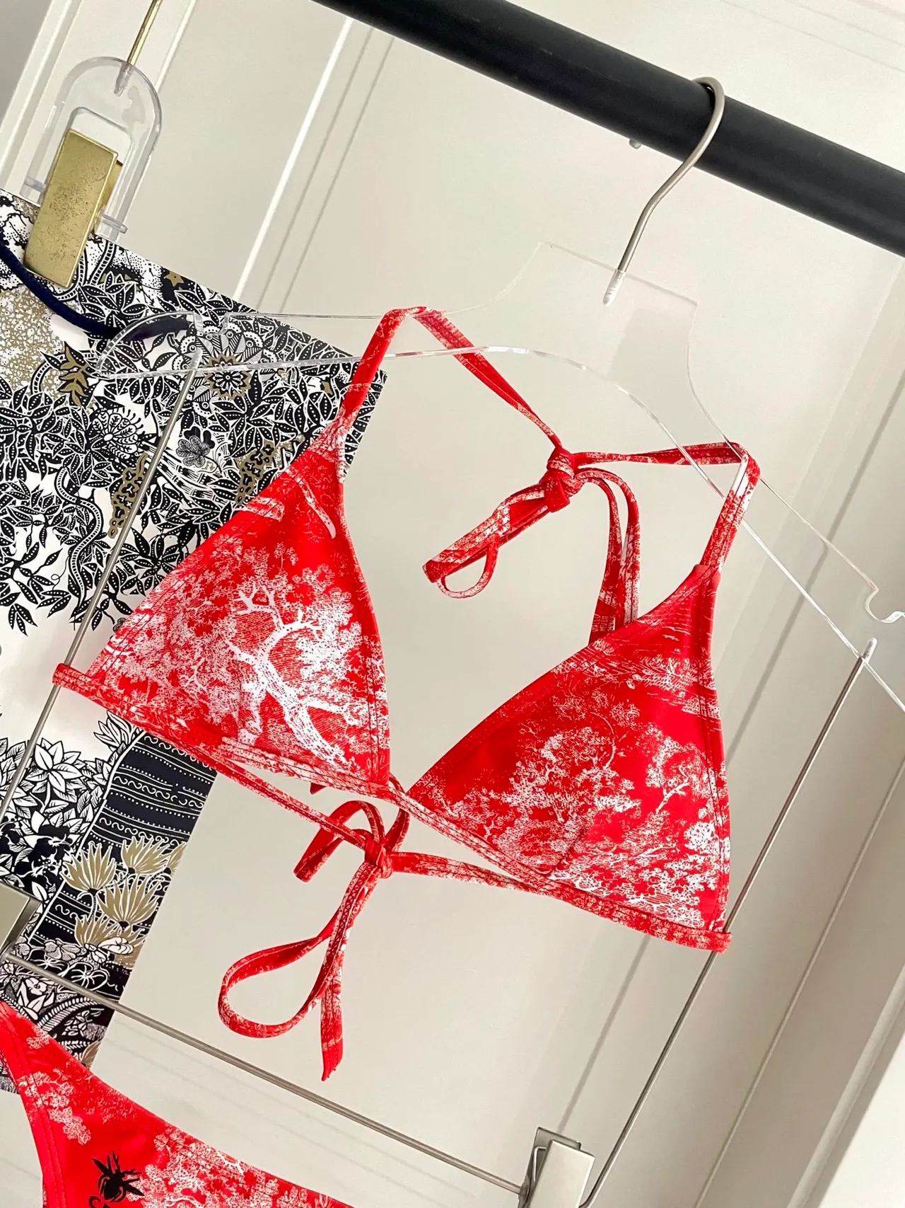 Dior Toile de Jouy Red Yellow Halter Triangle Top Side-Tie Thong Bottom Swimwear 8
