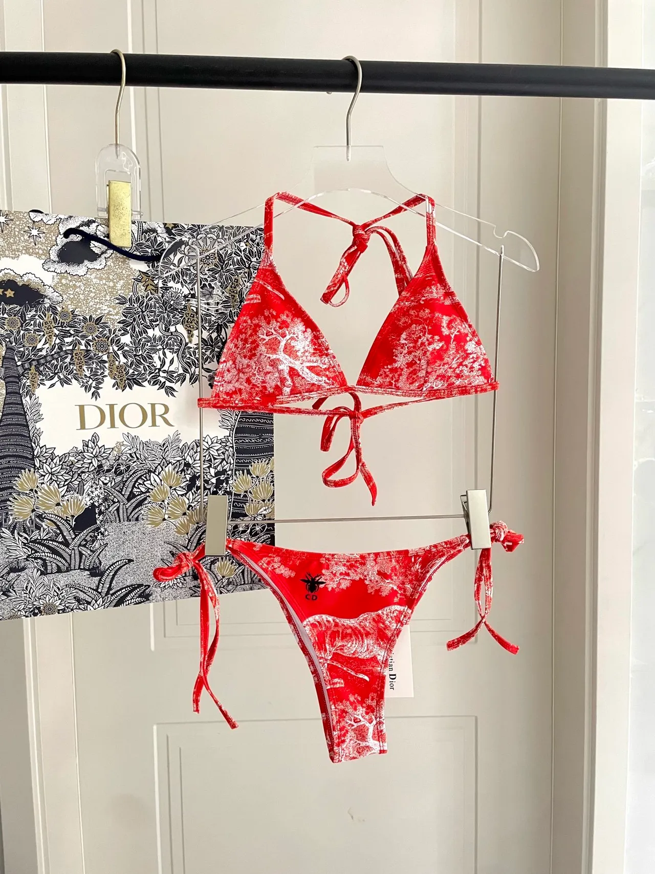 Dior Toile de Jouy Red Yellow Halter Triangle Top Side-Tie Thong Bottom Swimwear 9