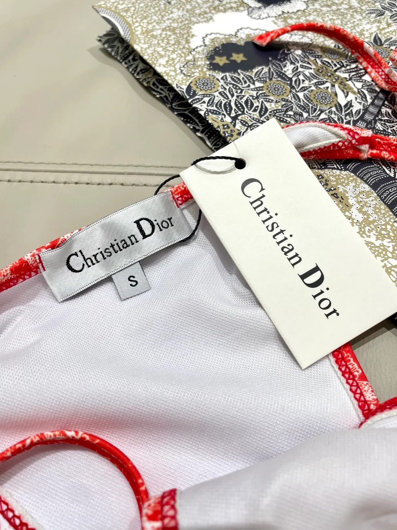 Dior Toile de Jouy Red Yellow Halter Triangle Top Side-Tie Thong Bottom Swimwear 10