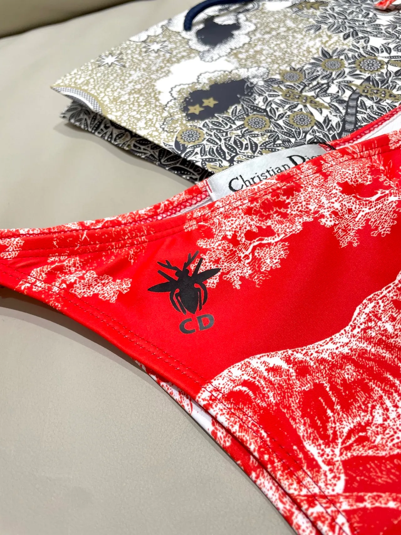 Dior Toile de Jouy Red Yellow Halter Triangle Top Side-Tie Thong Bottom Swimwear 11