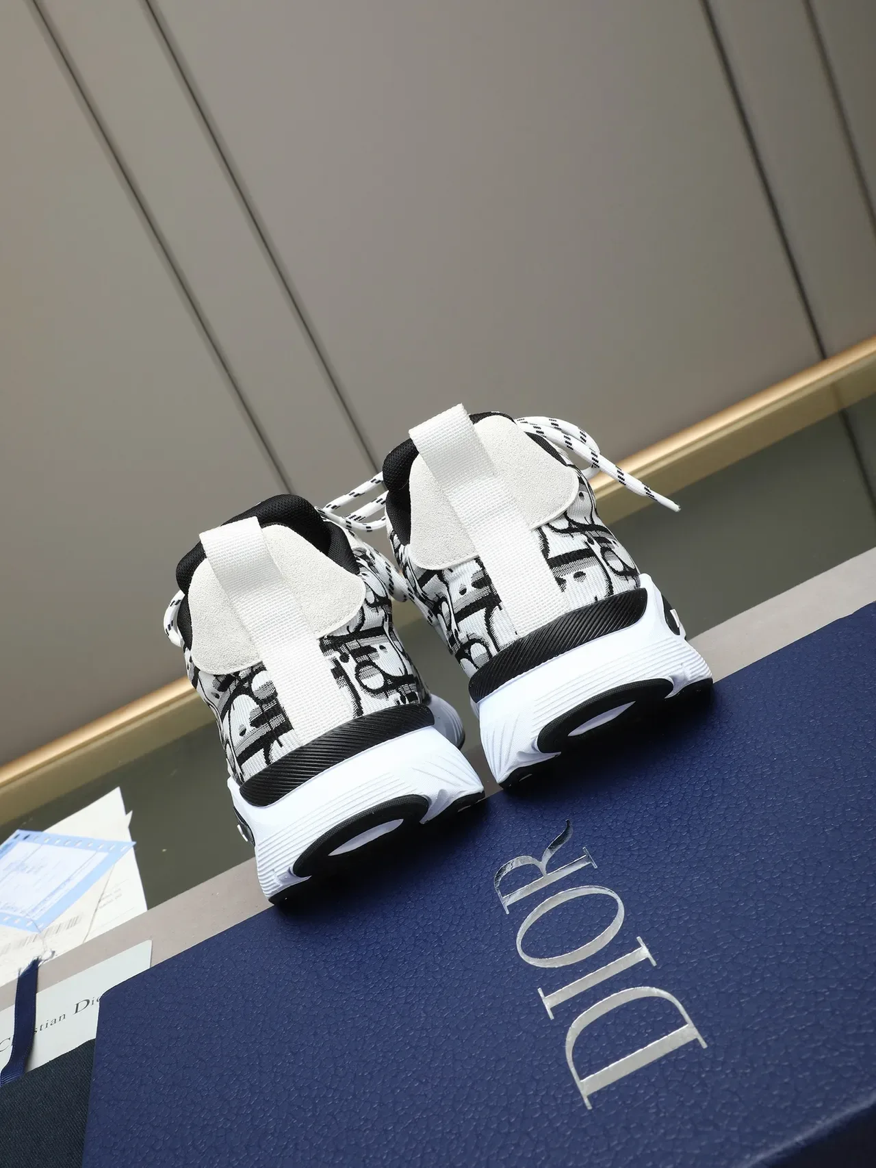 Dior White Black Monogram-Print Knit Upper Sculpted Midsole Lifestyle Sneakers 3