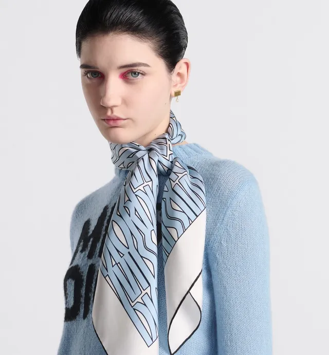Dior White Blue Square Abstract Wave Print Silk Scarf 3