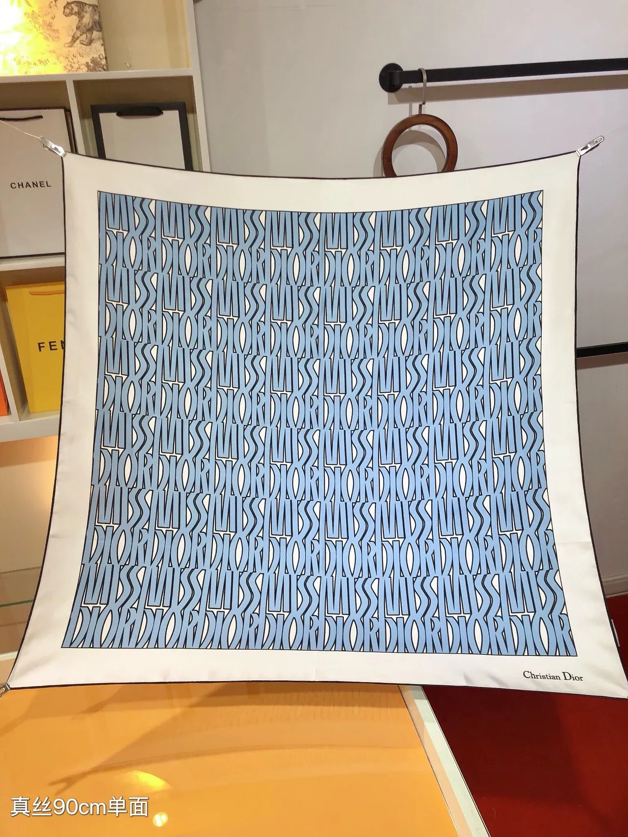 Dior White Blue Square Abstract Wave Print Silk Scarf 5