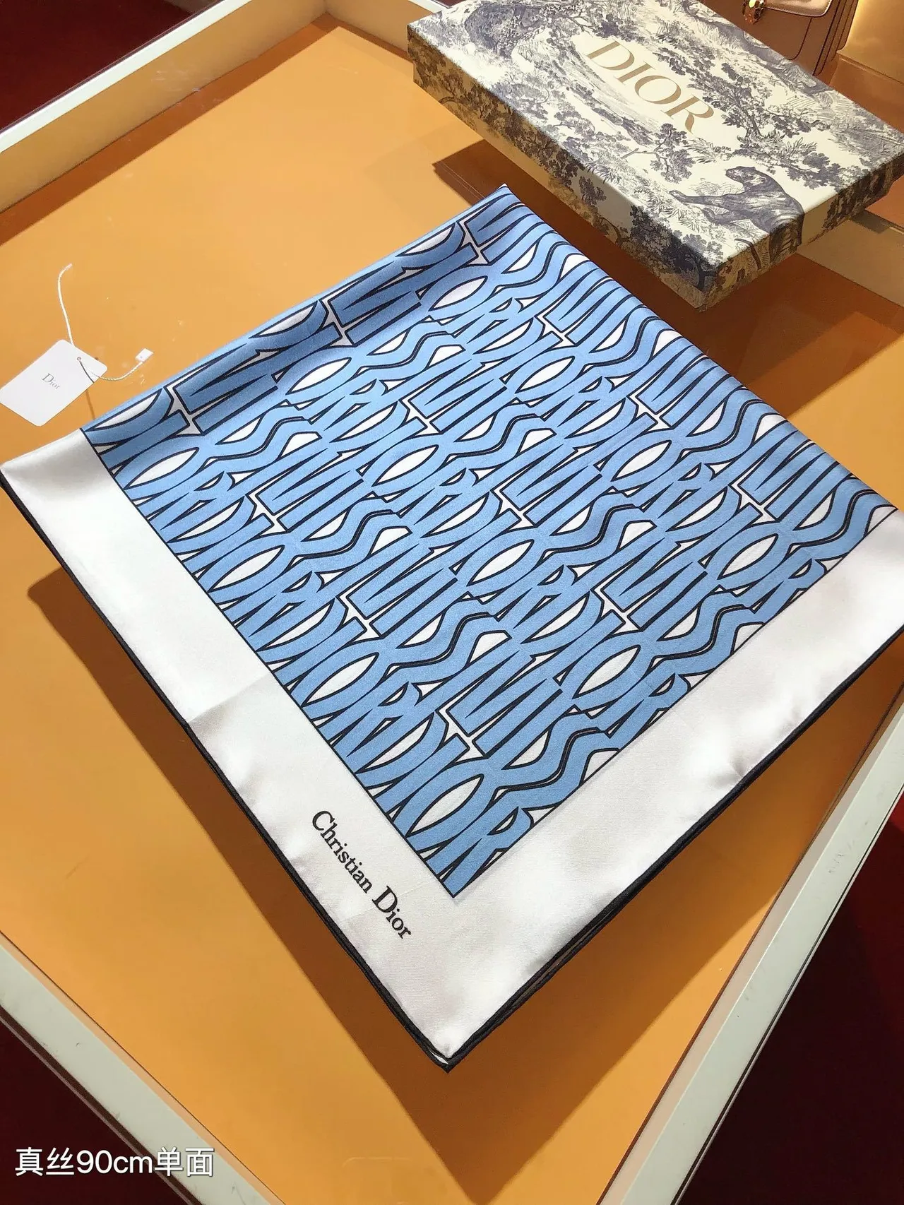 Dior White Blue Square Abstract Wave Print Silk Scarf 7
