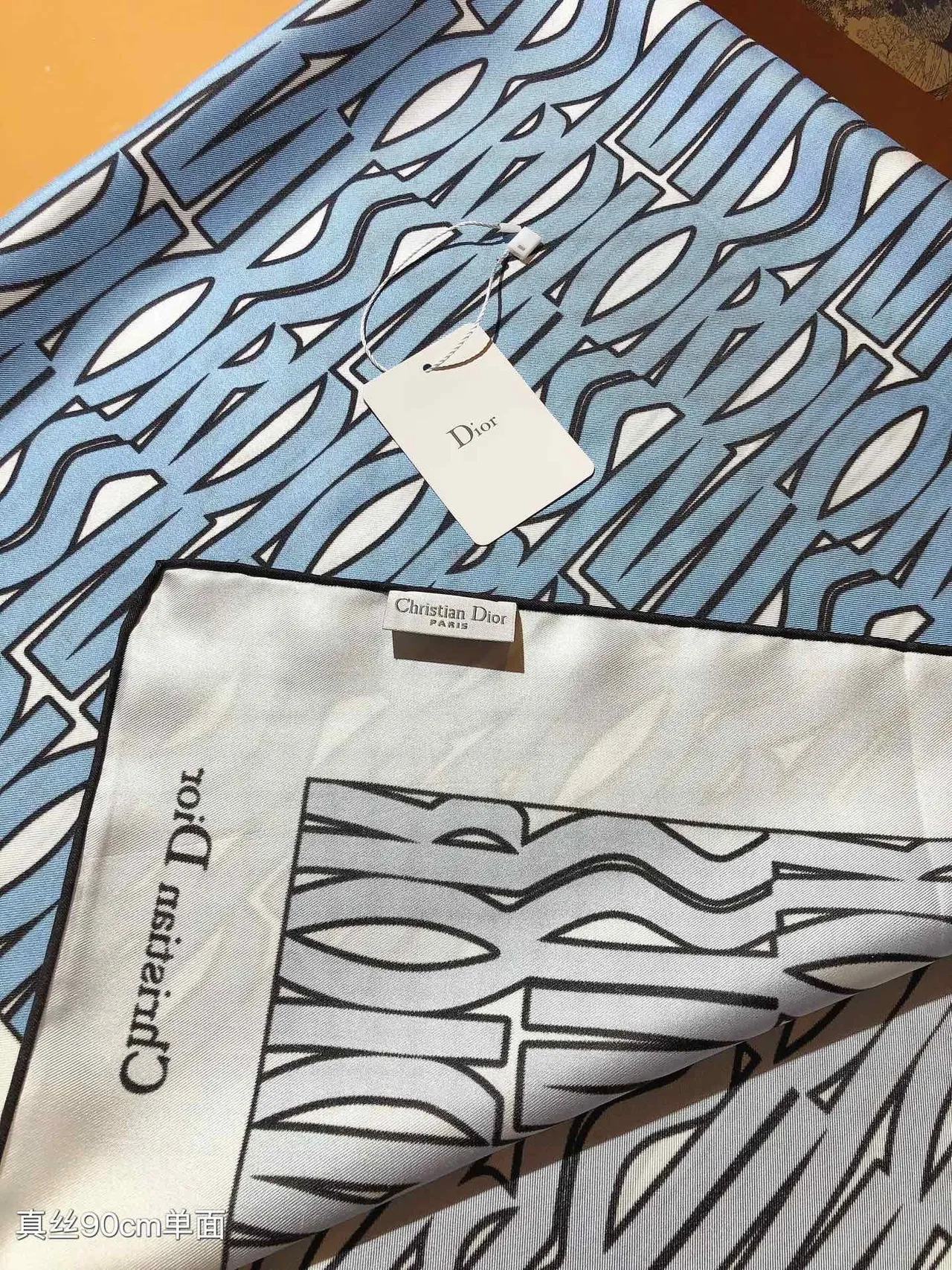 Dior White Blue Square Abstract Wave Print Silk Scarf 8