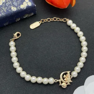 Bracelet Dior Or Blanc Chaîne de Perles avec Logo Charm