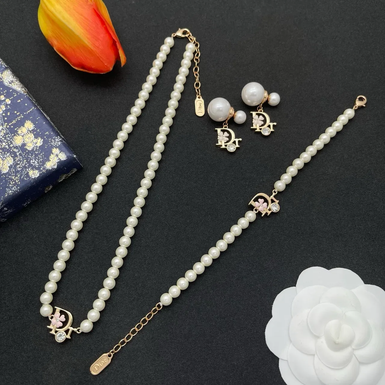 Dior White Gold Pearl Strand Logo Charm Bracelet 2