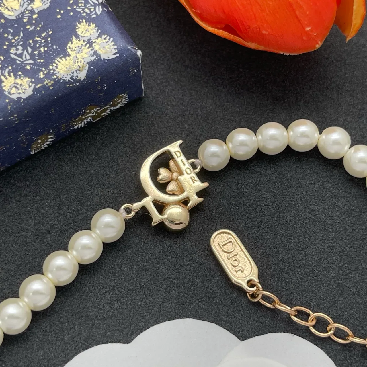 Dior White Gold Pearl Strand Logo Charm Bracelet 3