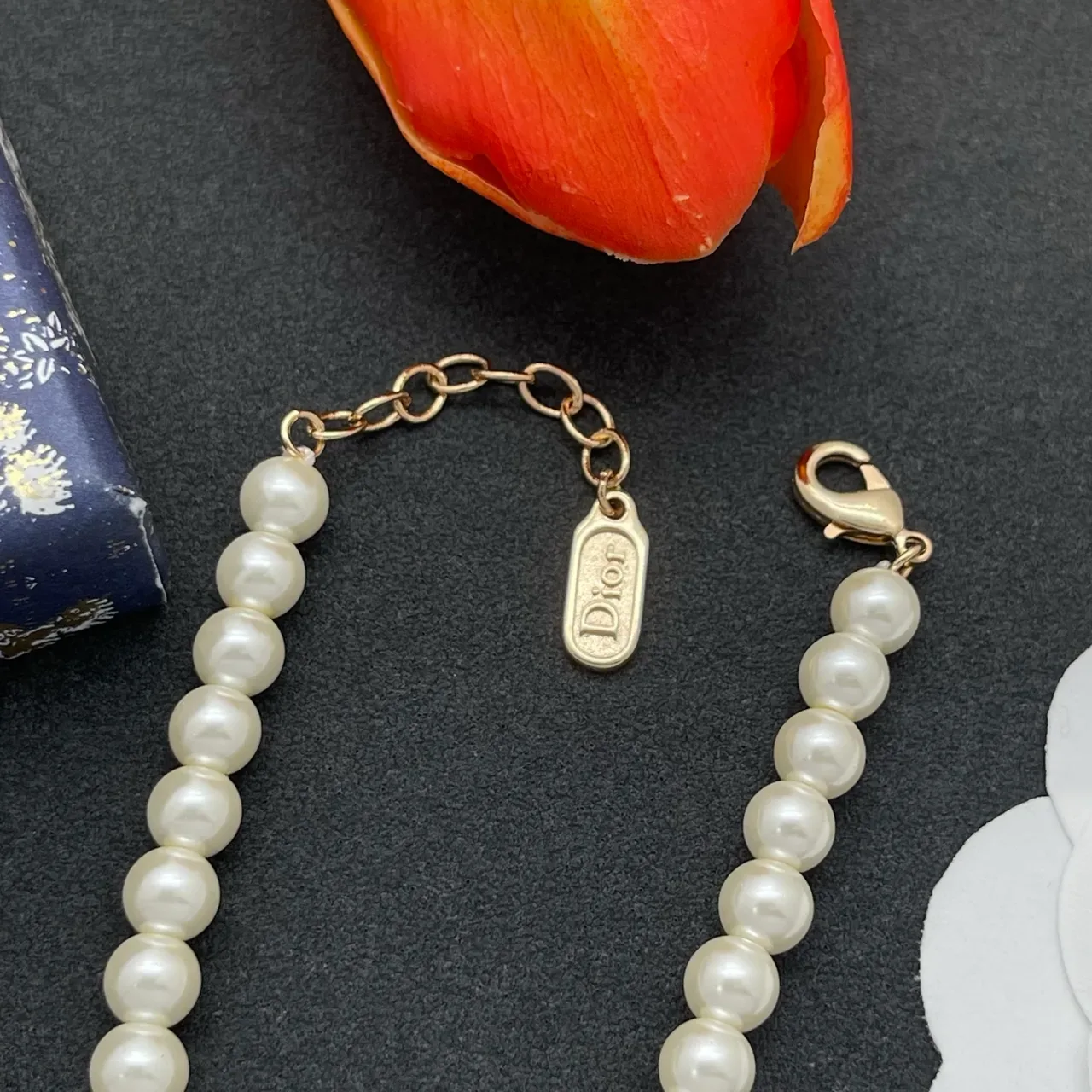 Dior White Gold Pearl Strand Logo Charm Bracelet 5