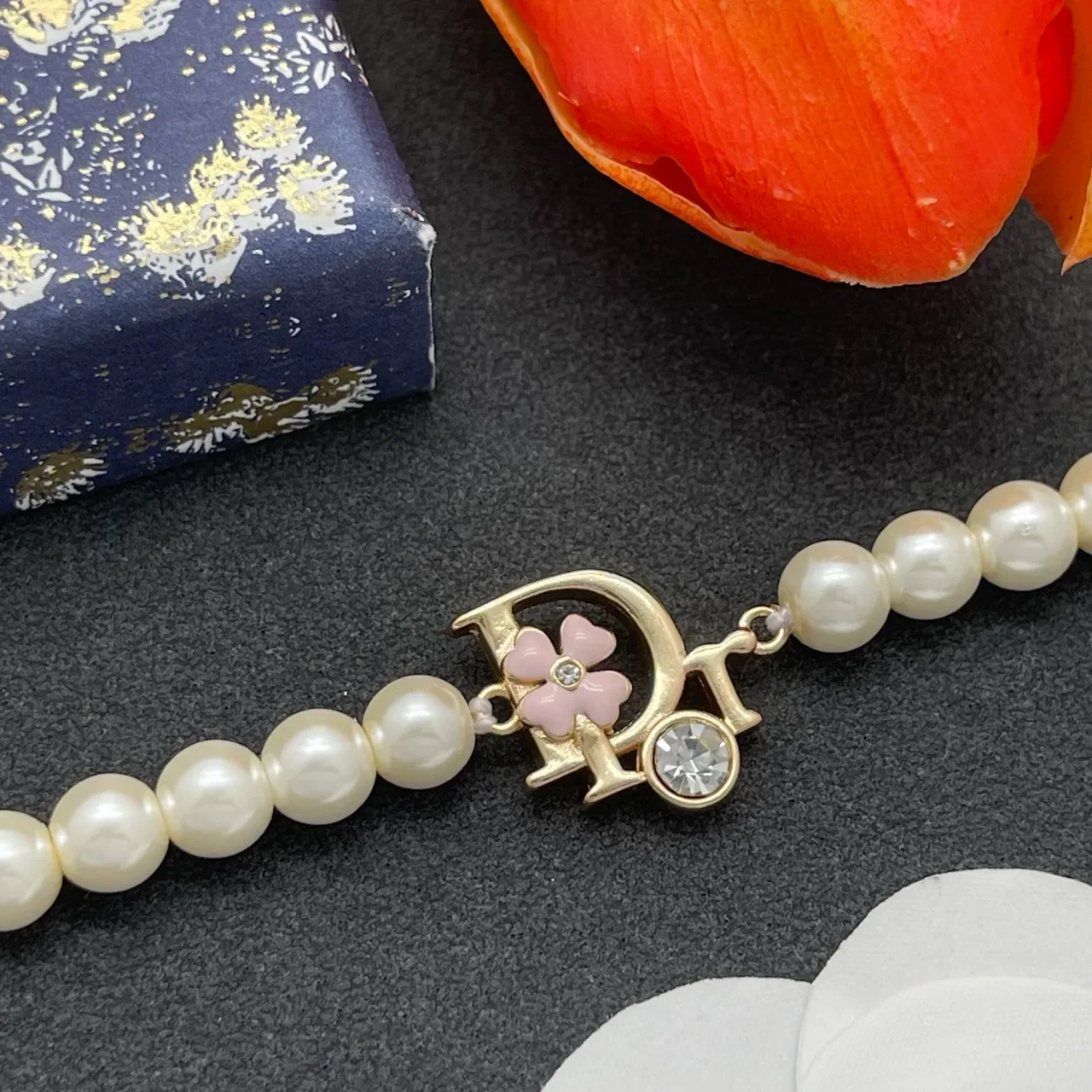 Dior White Gold Pearl Strand Logo Charm Bracelet 6