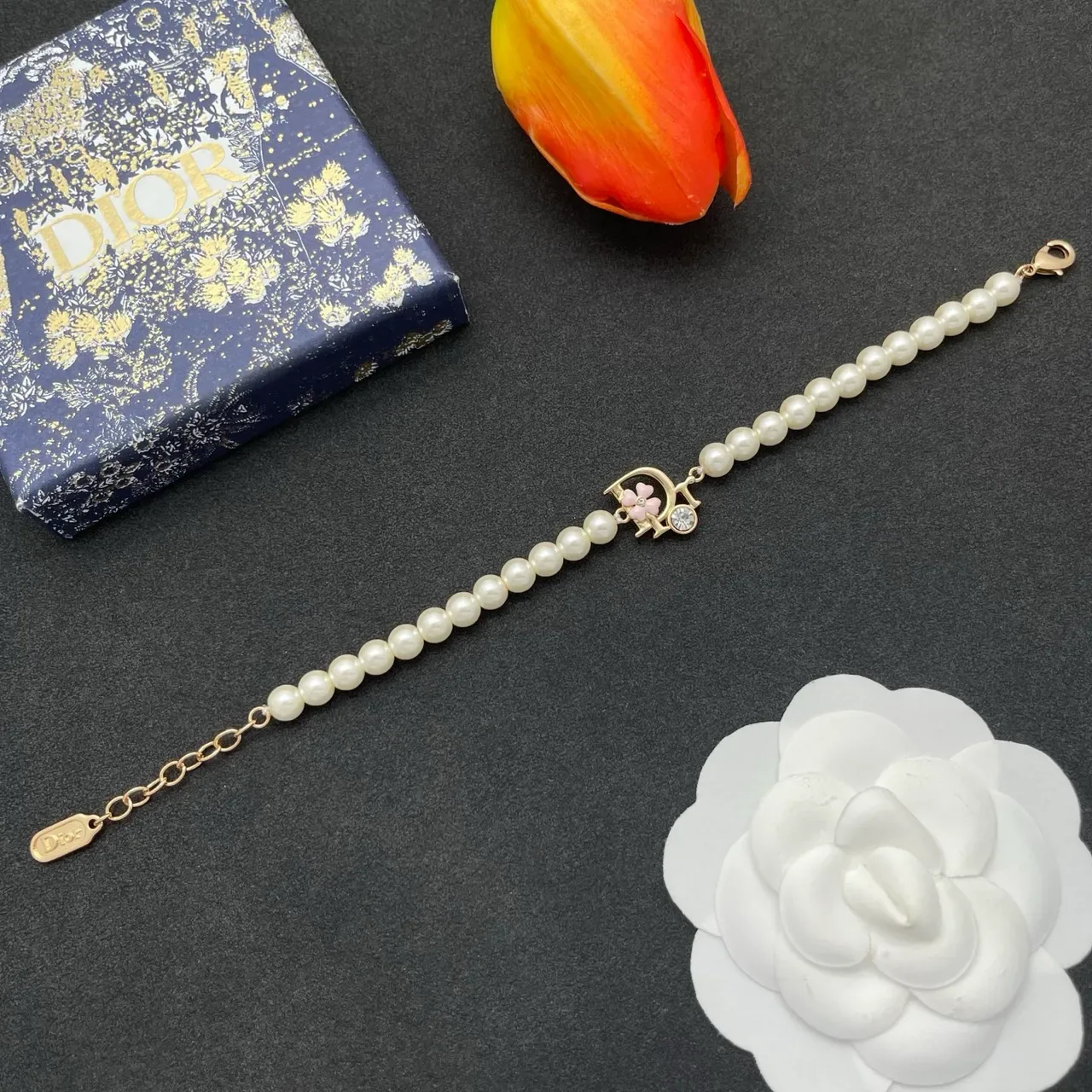 Dior White Gold Pearl Strand Logo Charm Bracelet 7