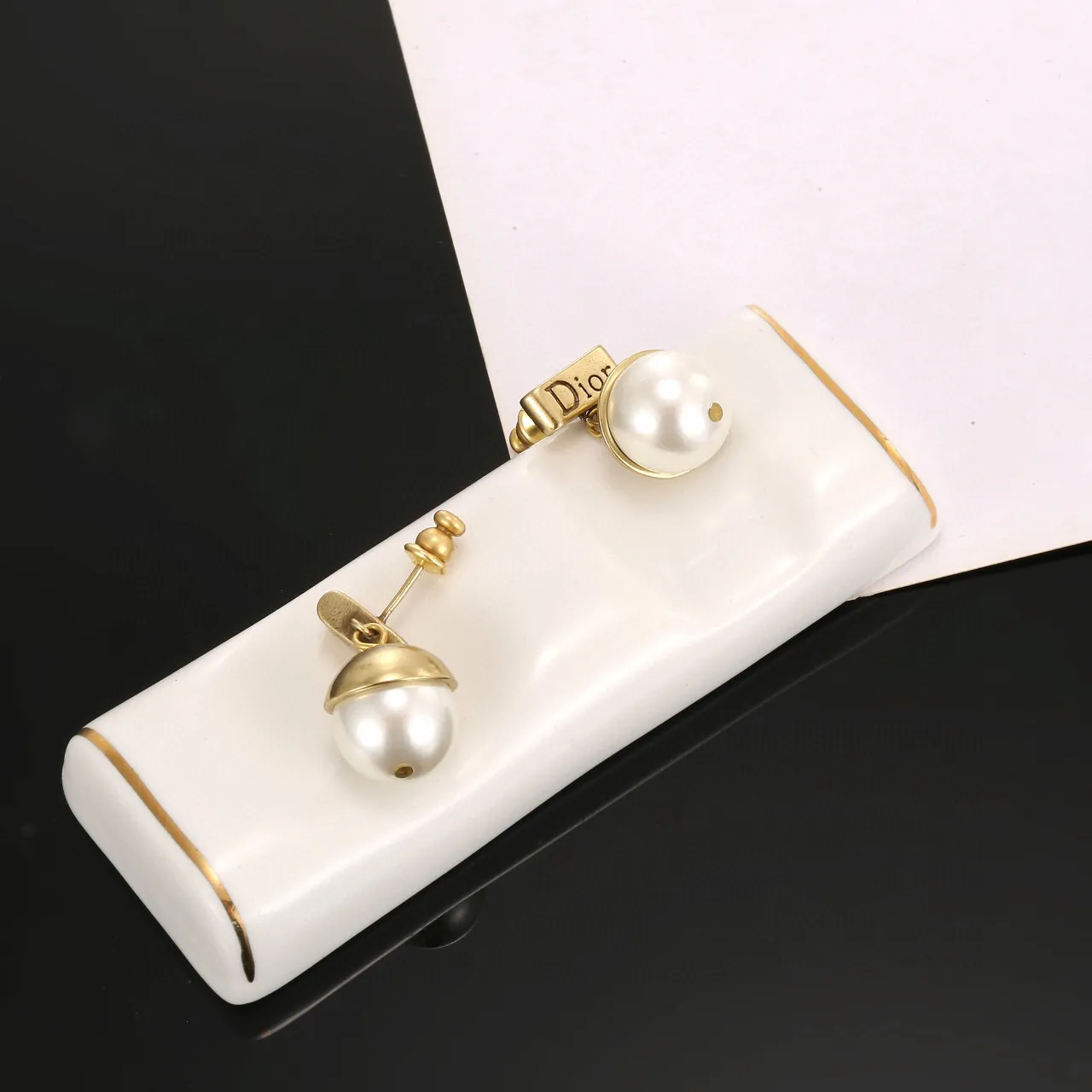 Dior White Gold Pearl Stud Plaque Earrings 2