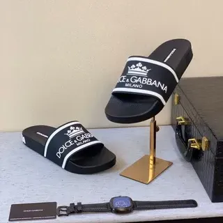 Dolce & Gabbana Slide أسود أبيض كعب مطاطي Logo Band نعال