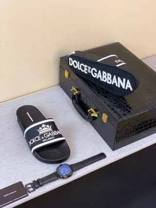 Dolce & Gabbana Slide Preto Branco Solado de Borracha Logo Band Chinelos 3