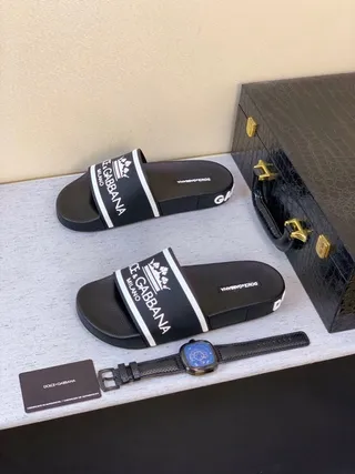 Dolce & Gabbana Slide Preto Branco Solado de Borracha Logo Band Chinelos 5
