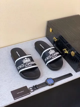 Dolce & Gabbana Slide Preto Branco Solado de Borracha Logo Band Chinelos 6