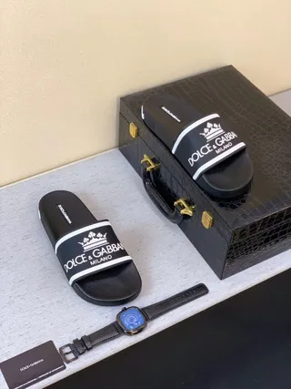 Dolce & Gabbana Slide Preto Branco Solado de Borracha Logo Band Chinelos 7