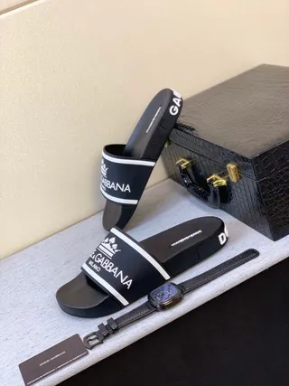 Dolce & Gabbana Slide Preto Branco Solado de Borracha Logo Band Chinelos 9