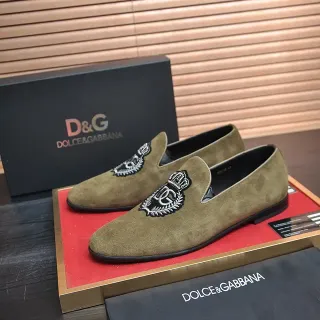 Dolce & Gabbana Portofino Army Green Black Suede Upper Embroidered Crest Loafer