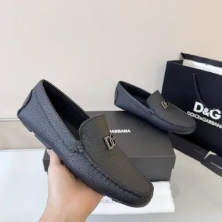 Dolce & Gabbana Portofino Black Pebbled Leather Metal DG Logo Loafer
