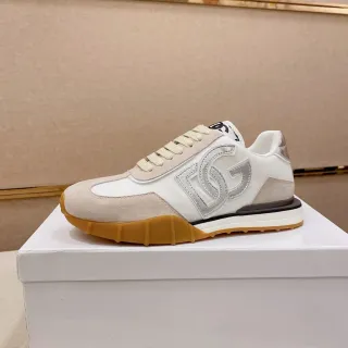 Dolce & Gabbana White Beige Mixed-Material Upper Oversized Metallic Logo Lifestyle Sneakers