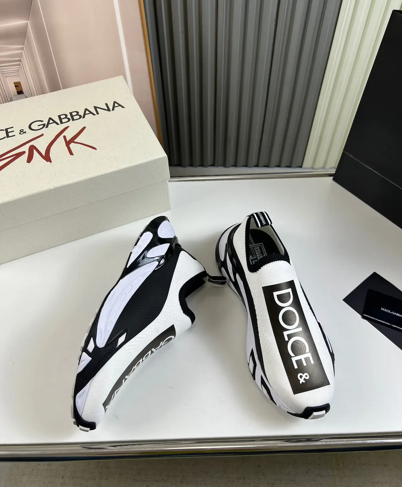 Dolce & Gabbana White Black Slip-On Knit Upper Bold Logo Band Lifestyle Sneakers 5