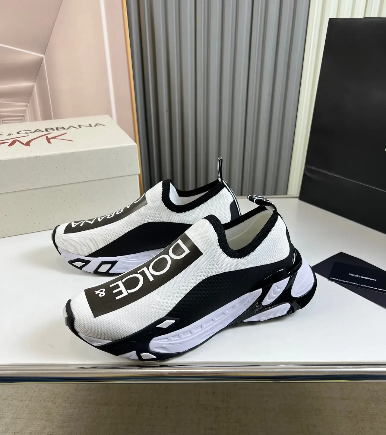 Dolce & Gabbana White Black Slip-On Knit Upper Bold Logo Band Lifestyle Sneakers 8