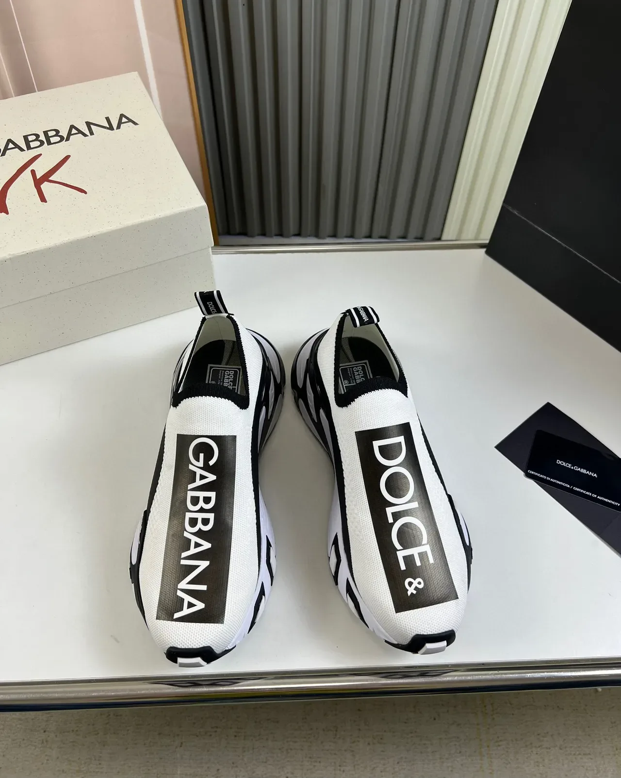 Dolce & Gabbana White Black Slip-On Knit Upper Bold Logo Band Lifestyle Sneakers 9