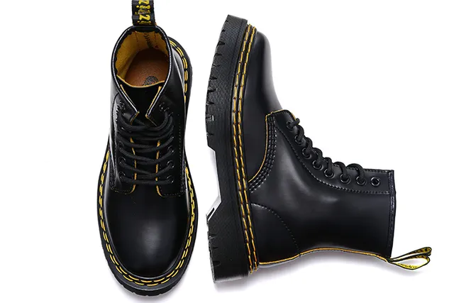 Dr. Martens 1460 Black Smooth Leather Yellow Welt Martin Boots 2