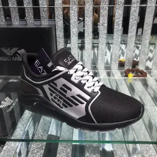 Emporio Armani Black Silver Mesh Upper Graphic Side Panel Lifestyle Sneakers