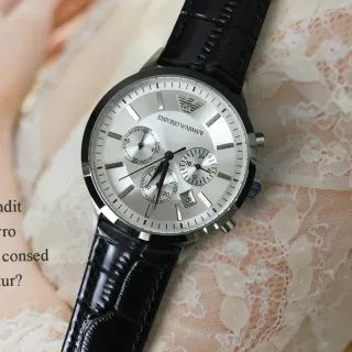 Emporio Armani Chronograph Silver Dial Black Leather Strap Quartz Watch