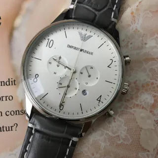 Emporio Armani Chronograph White Dial Black Leather Strap Mechanical Watch