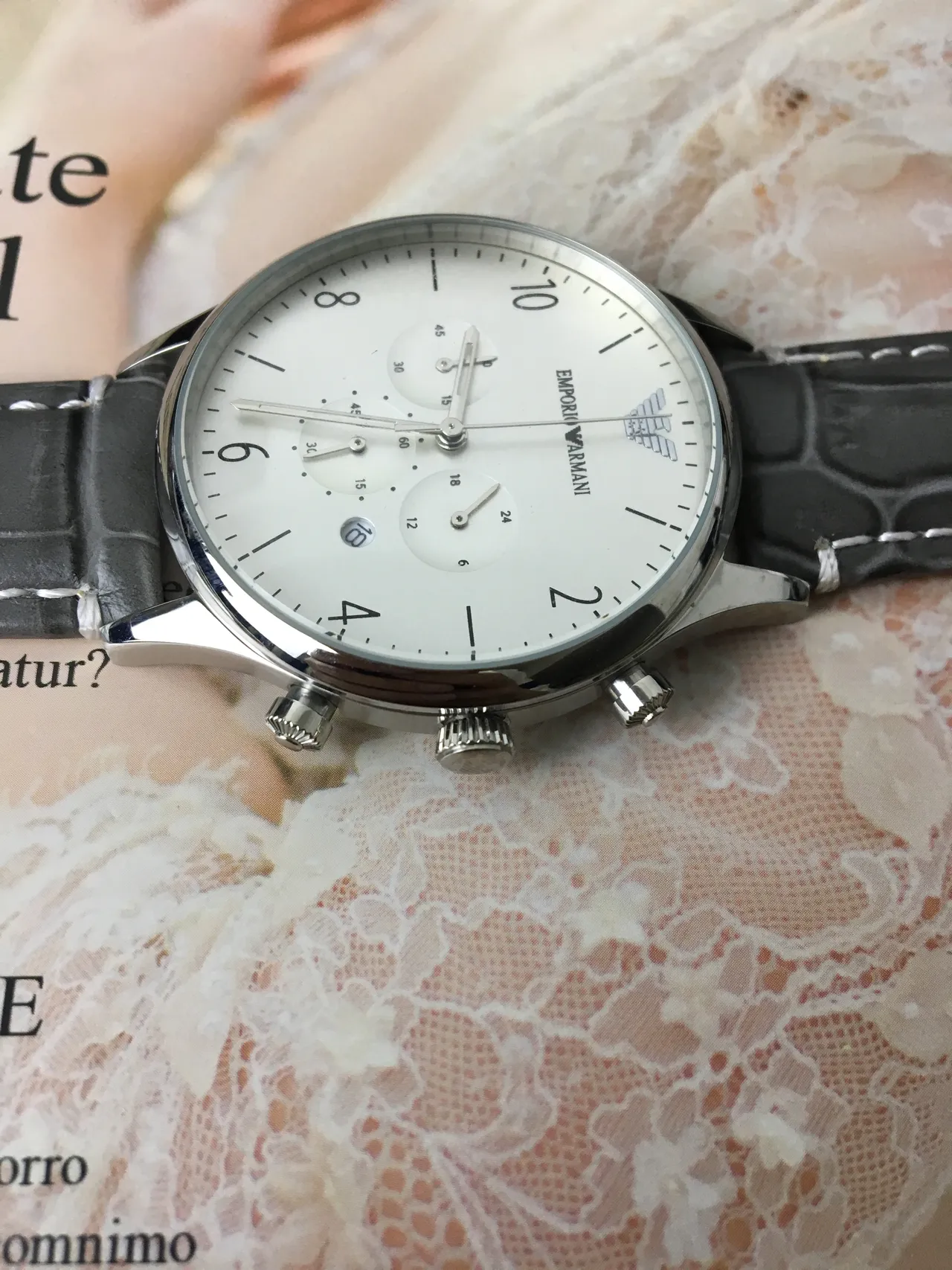 Emporio Armani Montre Chronomètre Cadran Blanc Bracelet Cuir Noir Mécanique 6