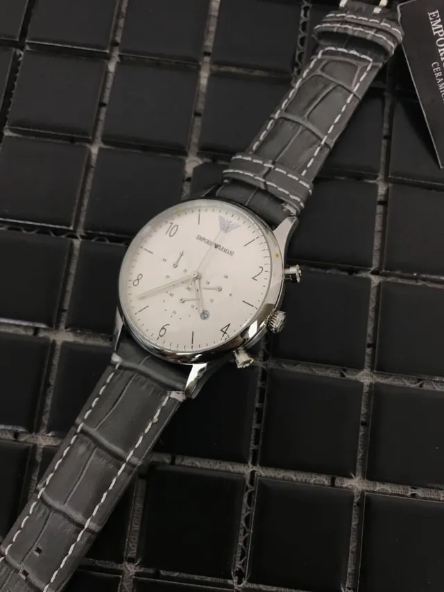 Emporio Armani Montre Chronomètre Cadran Blanc Bracelet Cuir Noir Mécanique 11