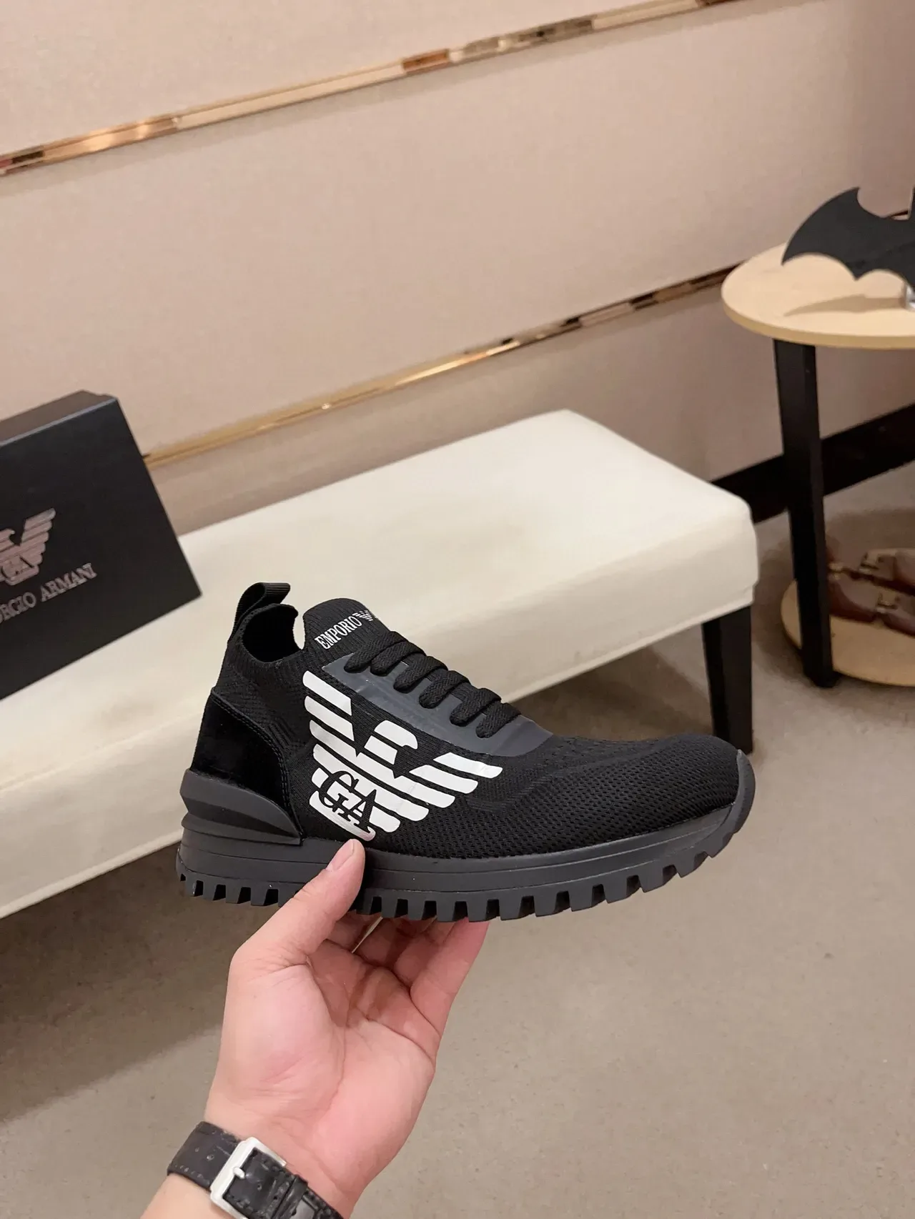 Emporio Armani Eagle Logo Black Knit Lifestyle Sneakers 4