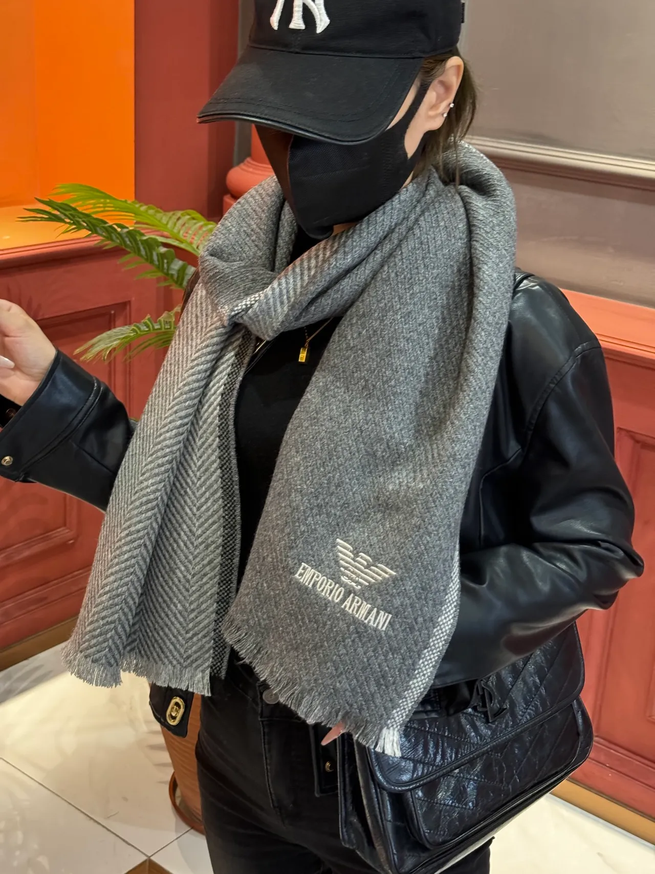 Emporio Armani Gray Herringbone Weave Cashmere Scarf 2