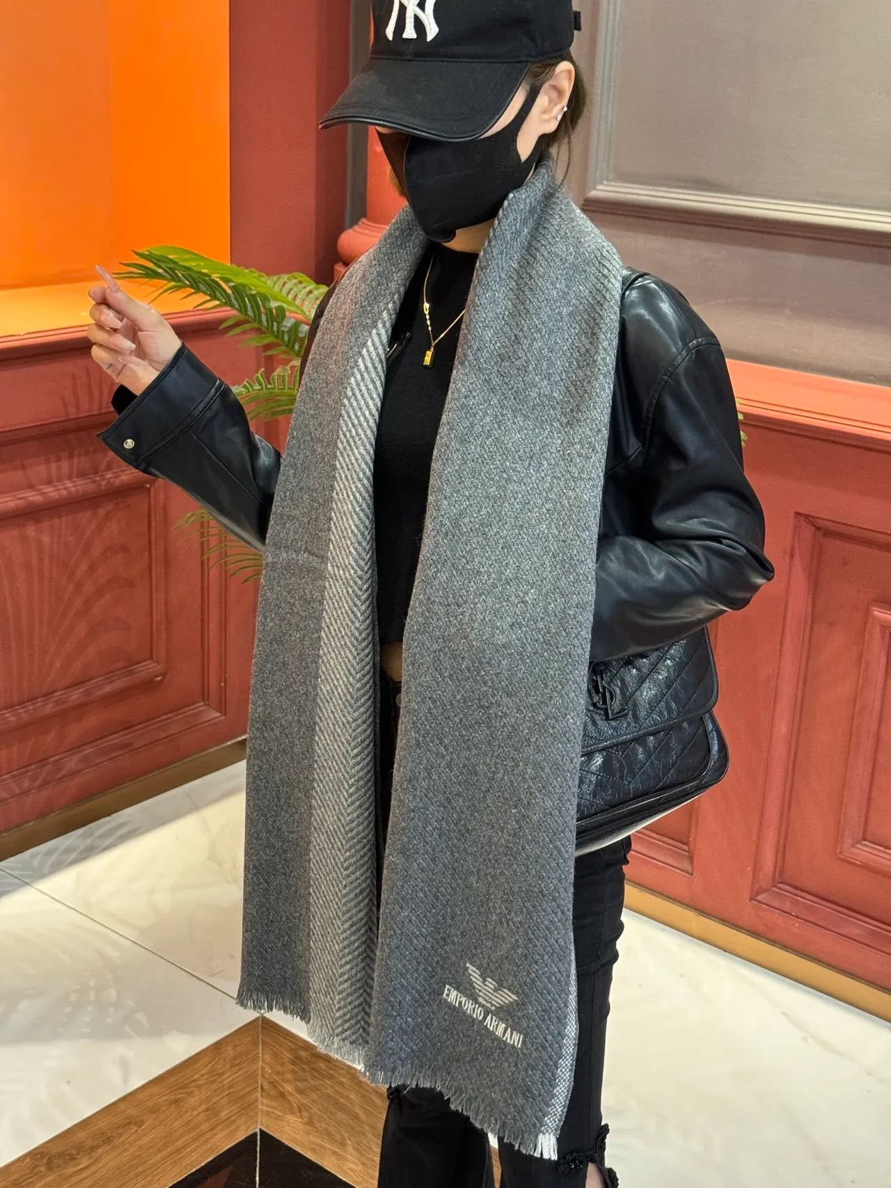 Emporio Armani Gray Herringbone Weave Cashmere Scarf 4