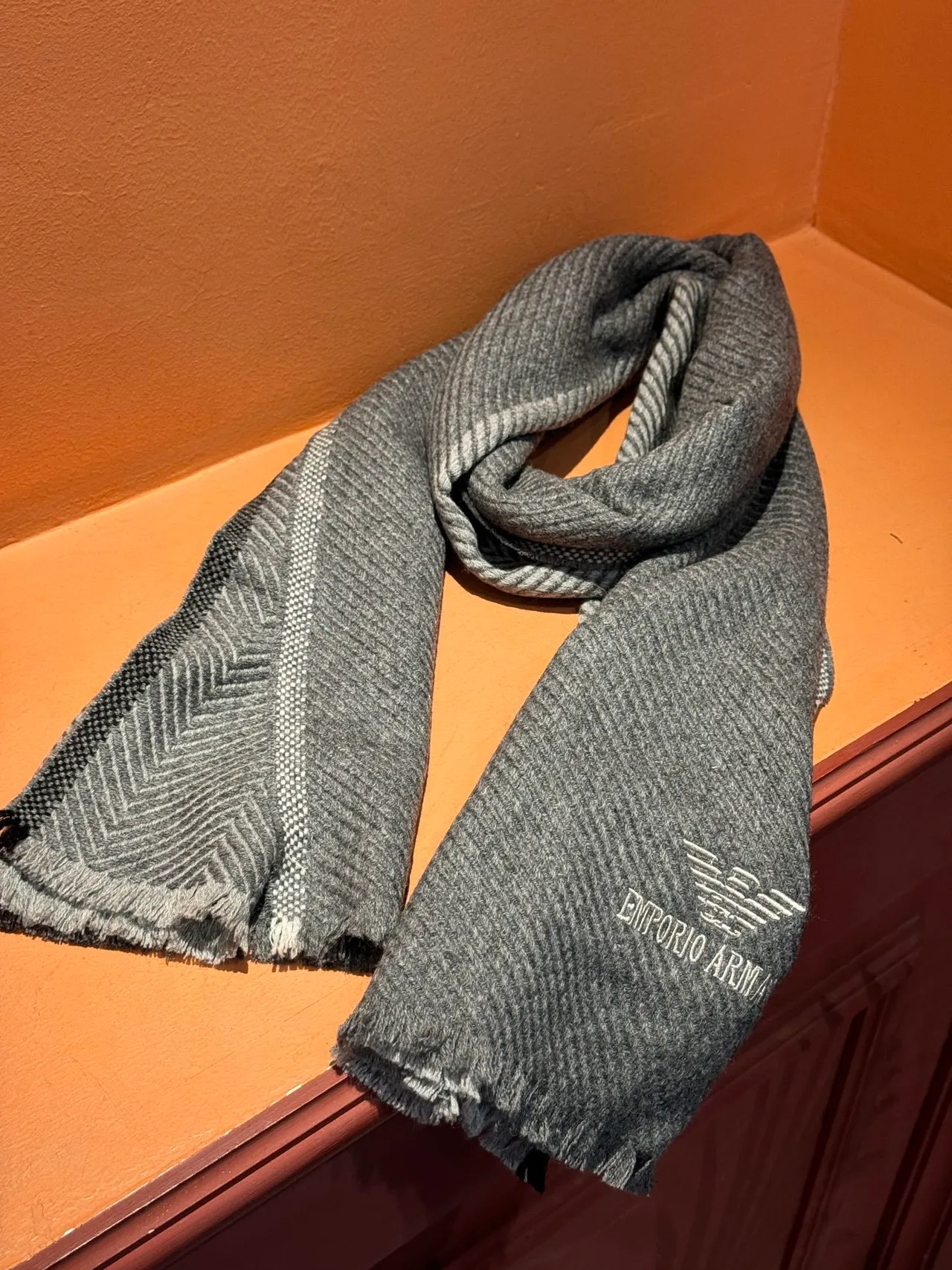 Emporio Armani Gray Herringbone Weave Cashmere Scarf 7