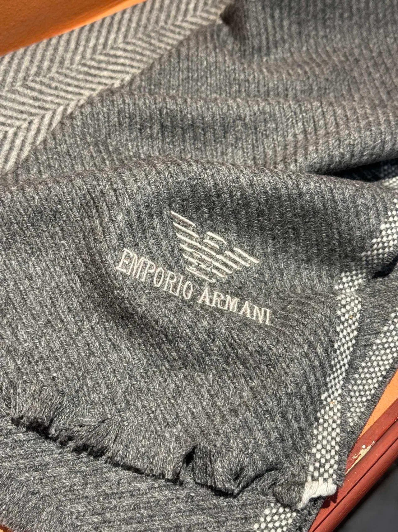 Emporio Armani Gray Herringbone Weave Cashmere Scarf 8
