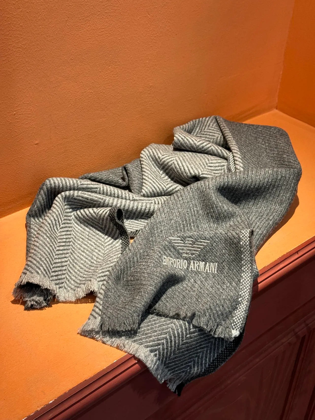 Emporio Armani Gray Herringbone Weave Cashmere Scarf 9