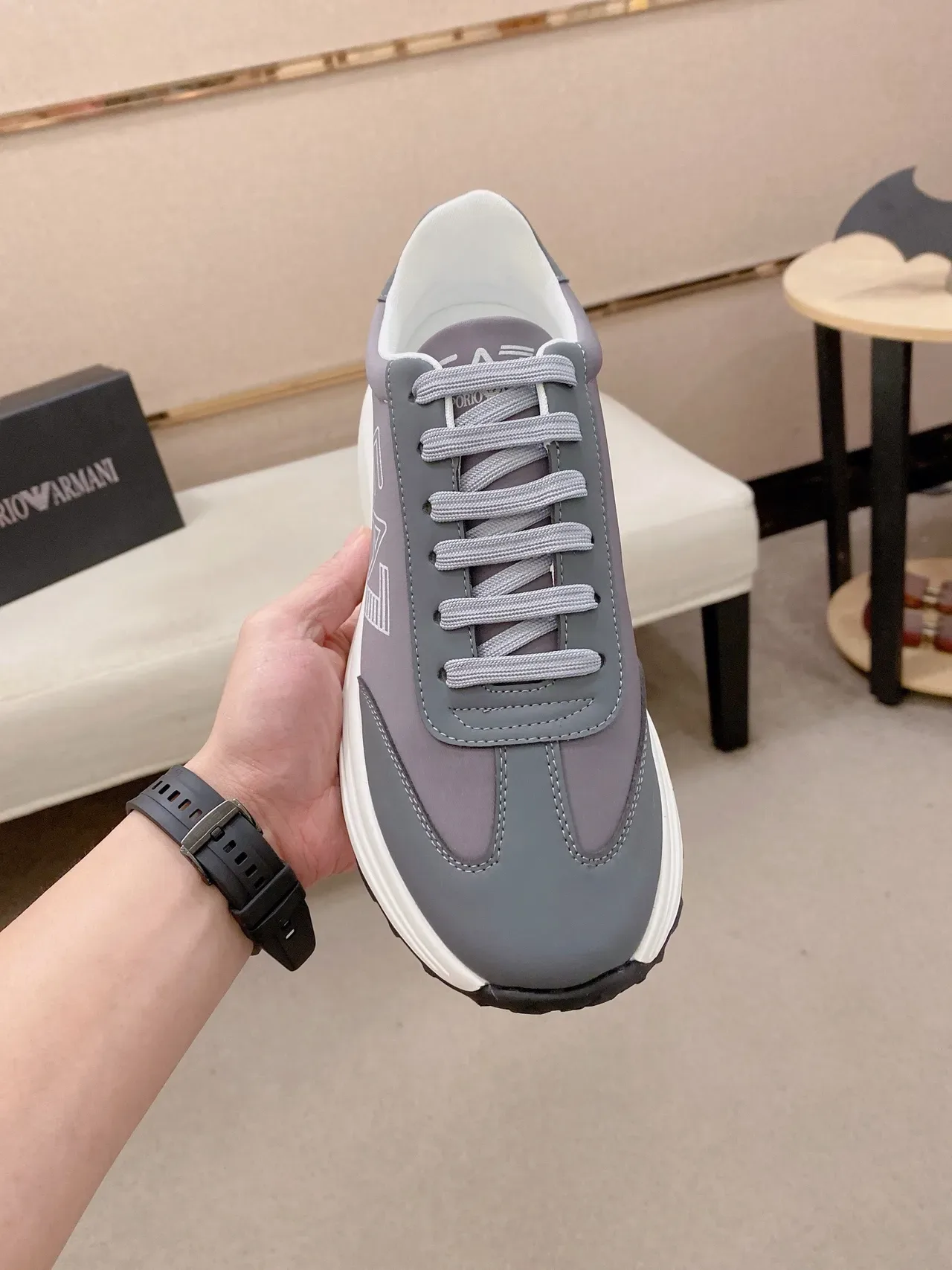 Emporio Armani Gray White Low-Top Layered Synthetic Upper Lifestyle Sneakers 2