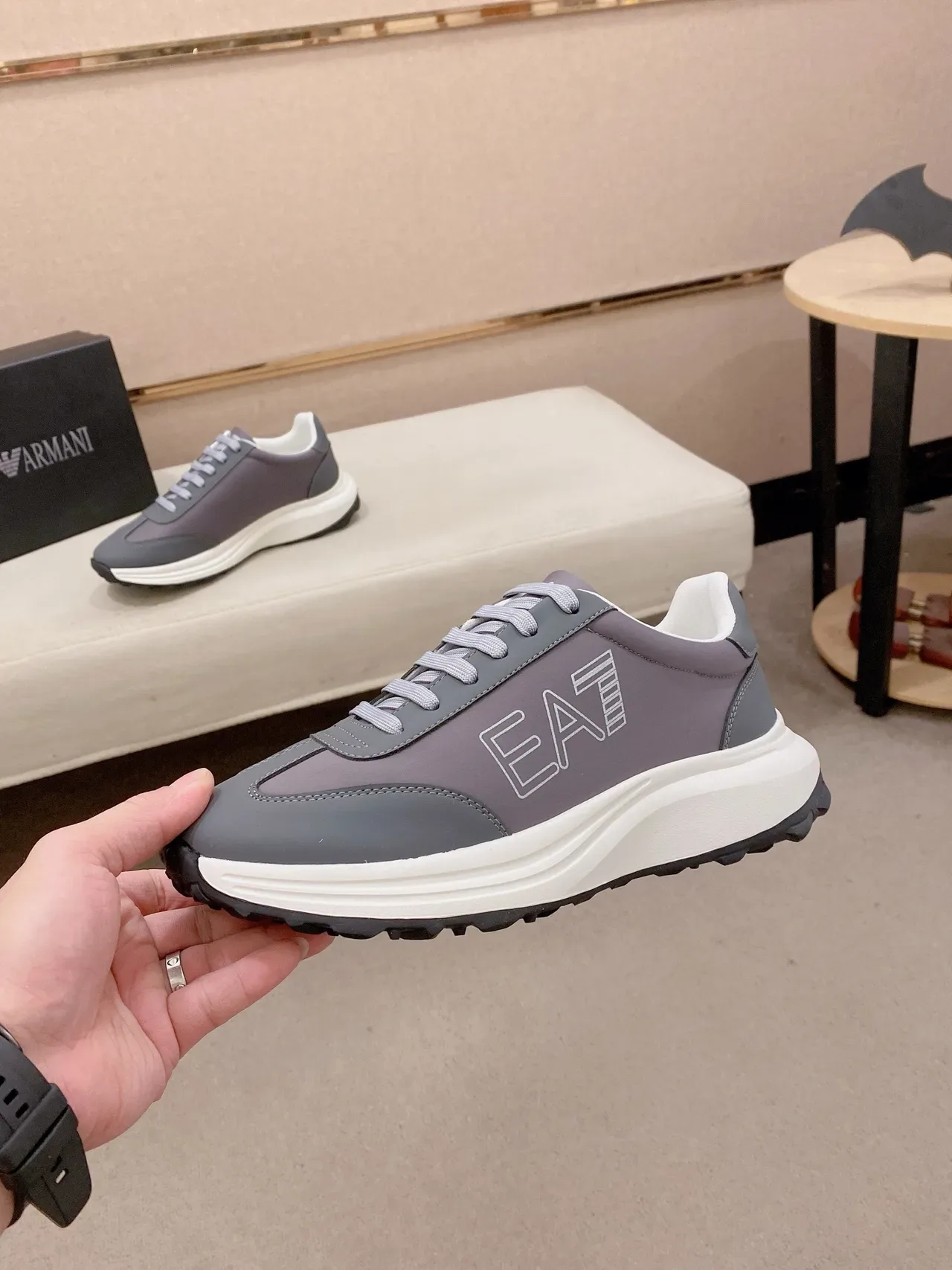 Emporio Armani Gray White Low-Top Layered Synthetic Upper Lifestyle Sneakers 3