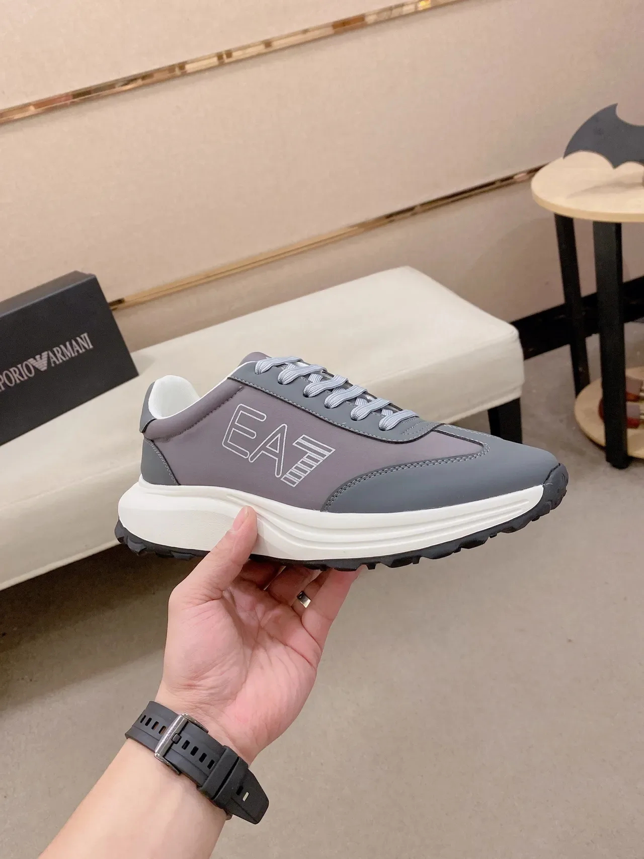Emporio Armani Gray White Low-Top Layered Synthetic Upper Lifestyle Sneakers 4