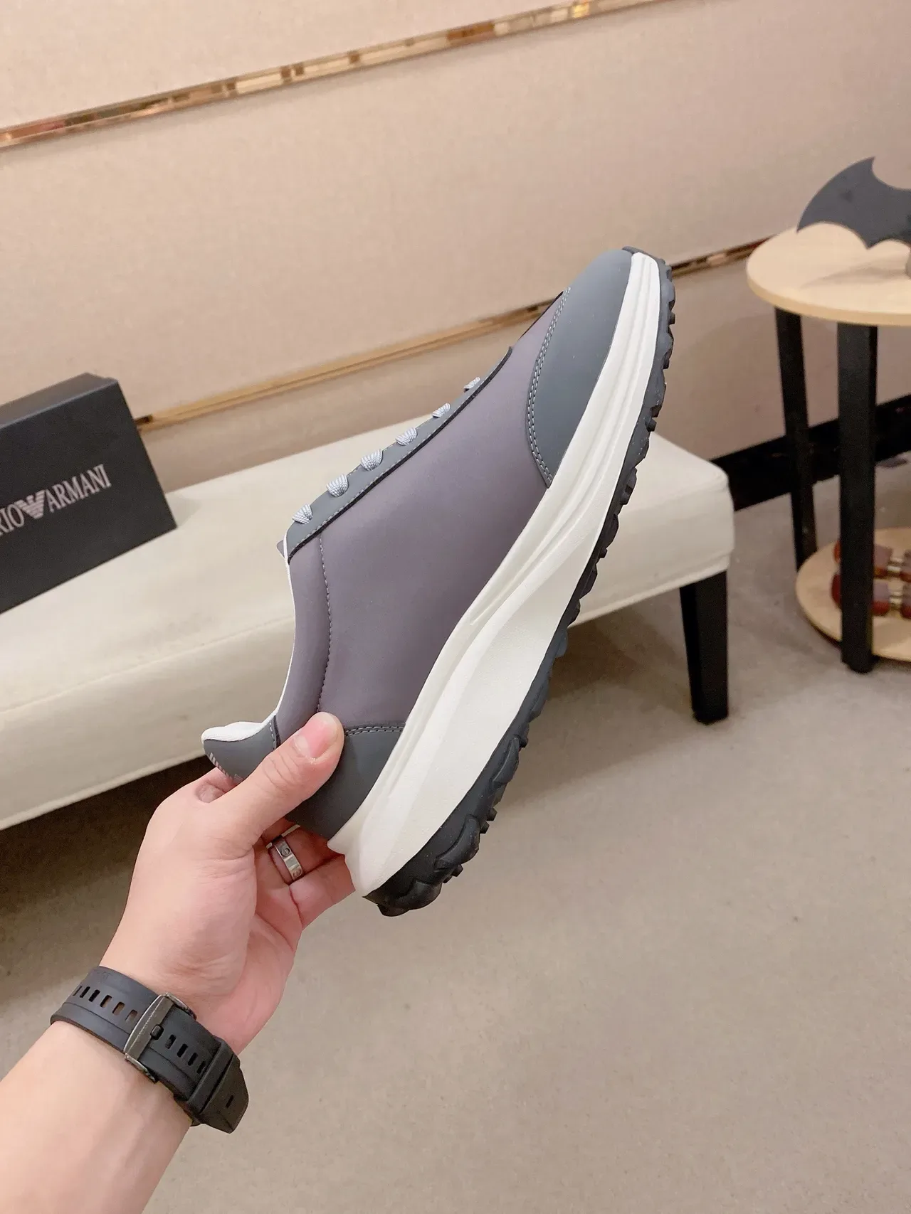 Emporio Armani Gray White Low-Top Layered Synthetic Upper Lifestyle Sneakers 5